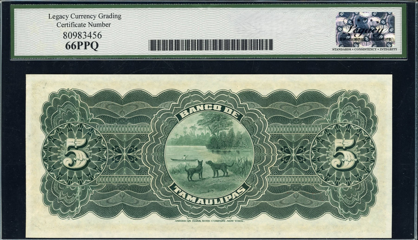 1914 5 Pesos Banco de Tamaulipas Remainder Note. Legacy Gem New 66 PPQ