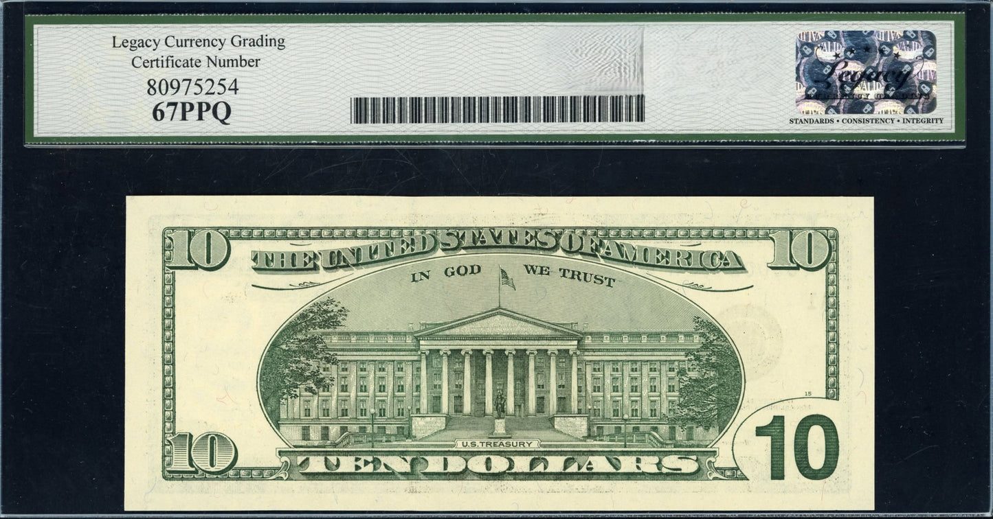 1999 $10 Federal Reserve Note *Low Serial Number* Legacy Superb Gem 67 PPQ