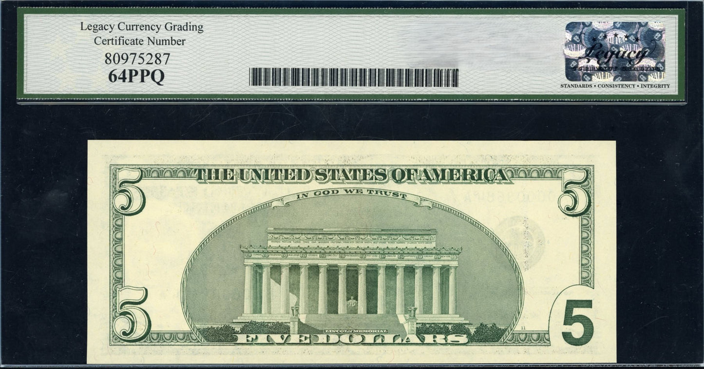 1999 $5 Federal Reserve Note "LOW SERIAL No. Legacy 64EPQ