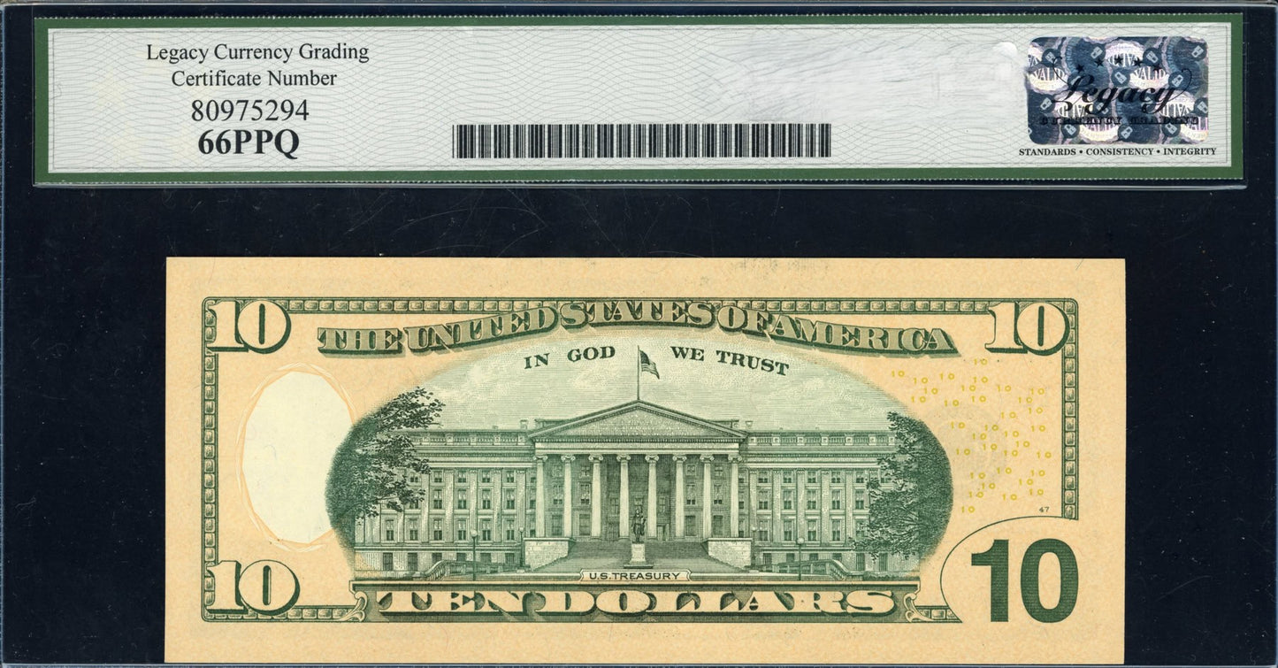 2017A $10 Federal Reserve Note Legacy Gem New 66 PPQ