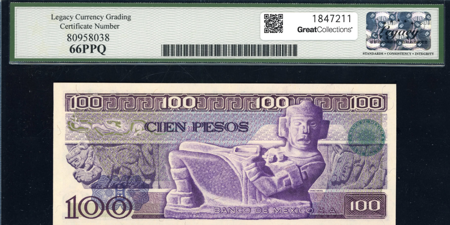 1978 100 Pesos Banco de Mexico Note SCWPM-68a Legacy Gem New 66 PPQ