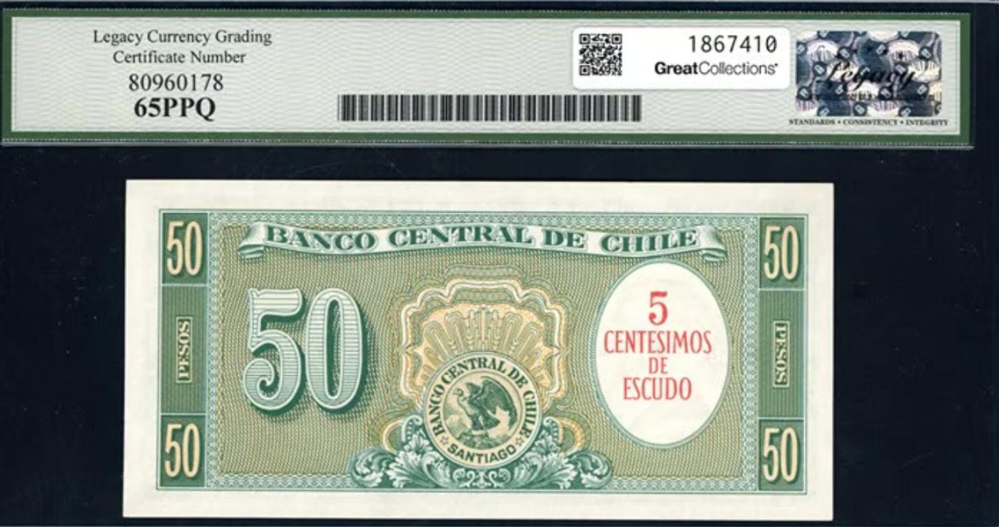 1960 Chile 5 Centesimos Banco Central Note Legacy Gem New 65 PPQ