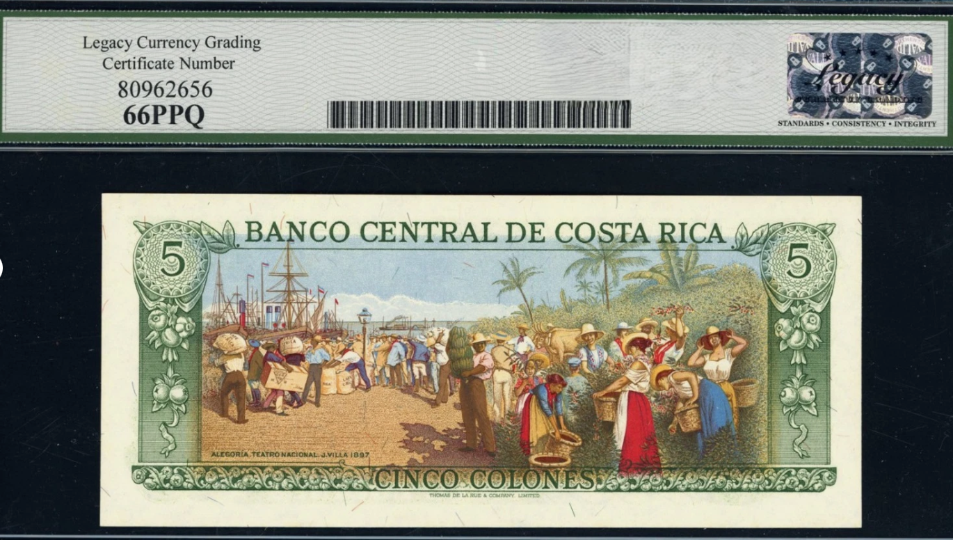 1977 5 Colones Banco Central de Costa Rica Note Legacy Gem New 66 PPQ