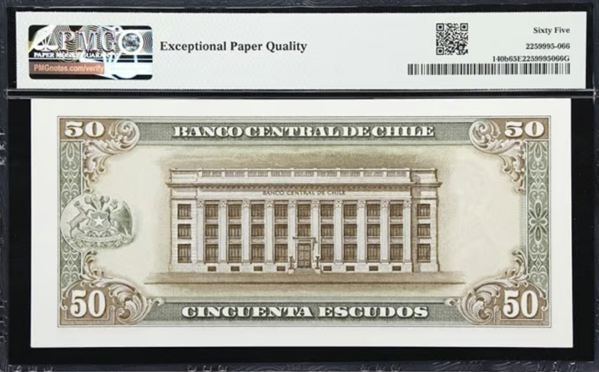 1962-75 Chile Banco Central 50 Escudos PMG Gem Unc. 65 EPQ