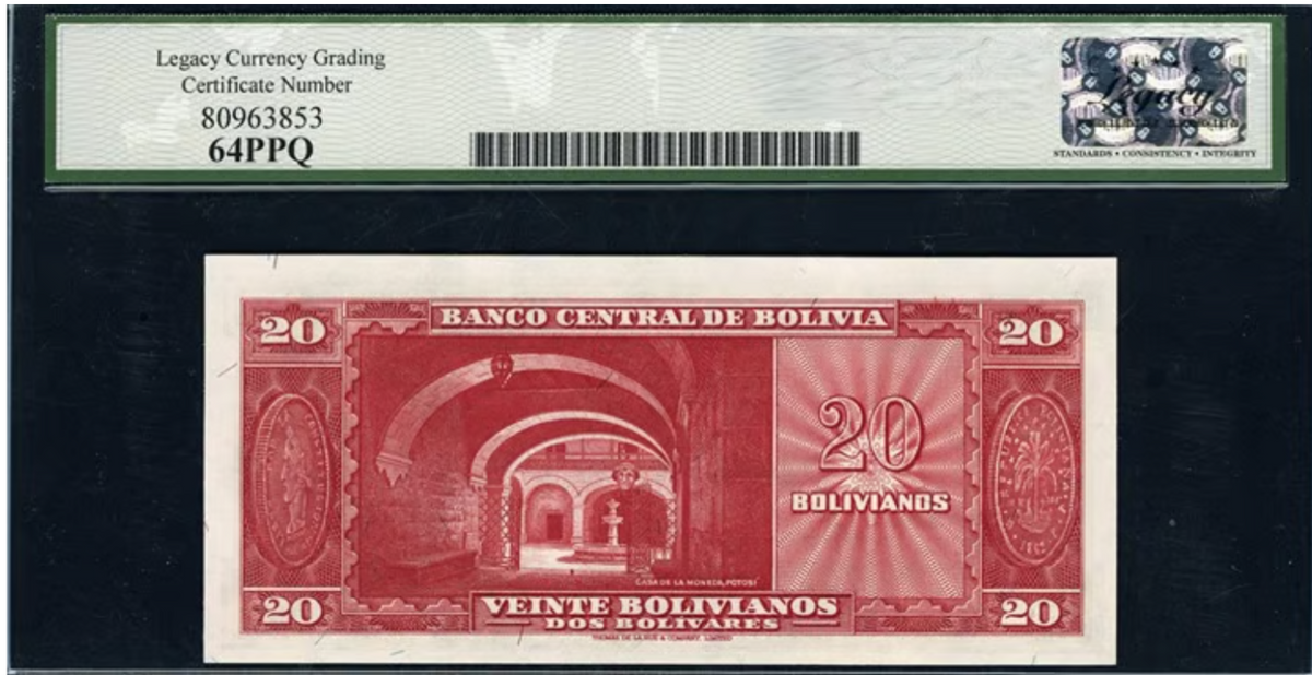 1945 20 Bolivianos Banco Central Note Legacy Very Choice New 64PPQ