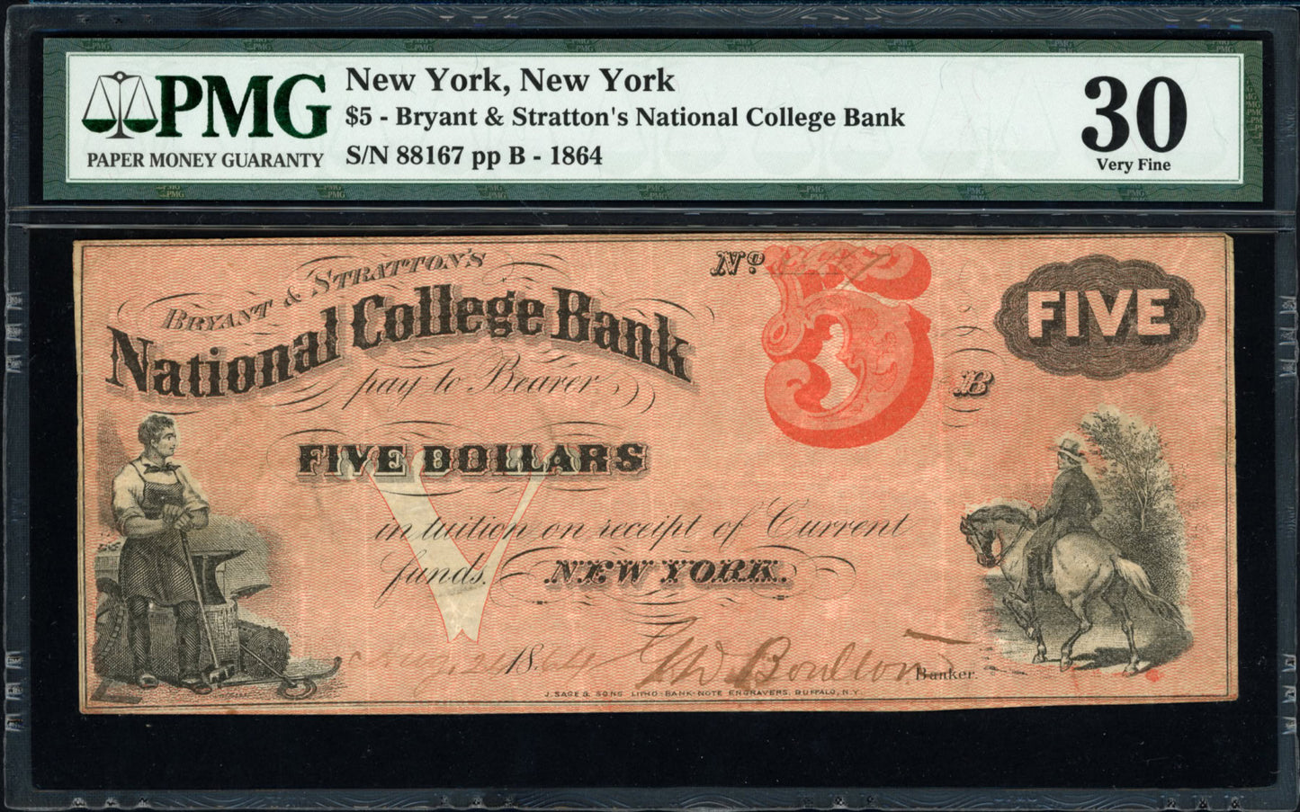 1864 New York City, New York Bryant, Stratton & Co., College Bank "Very Fine 30"