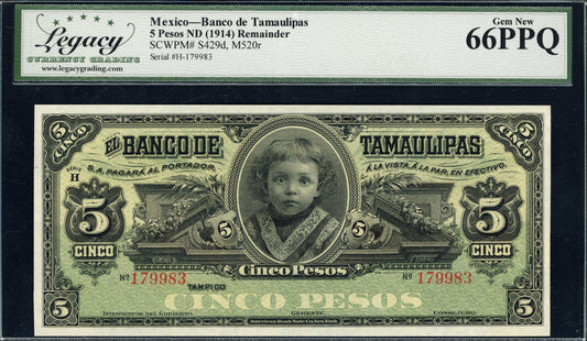 1914 5 Pesos Banco de Tamaulipas Remainder Note. Legacy Gem New 66 PPQ