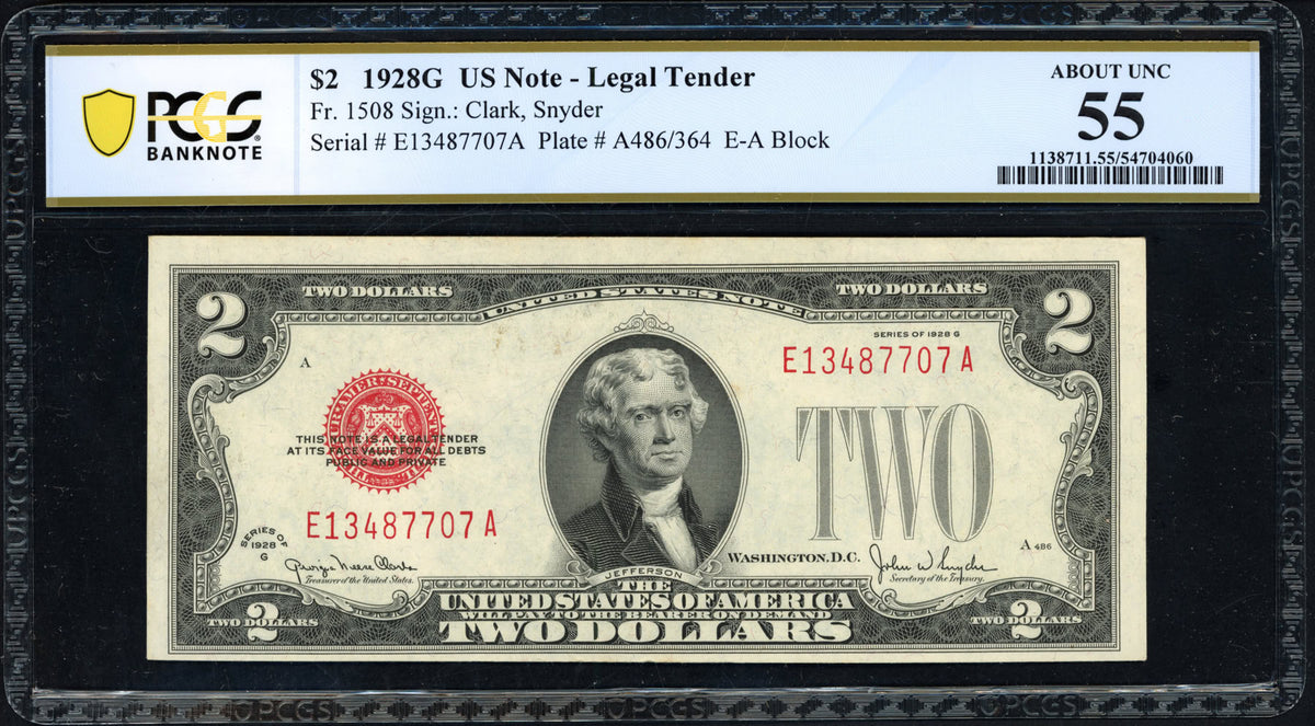 1928G $2 Legal Tender Note RED SEAL PCGS Banknote AU 55
