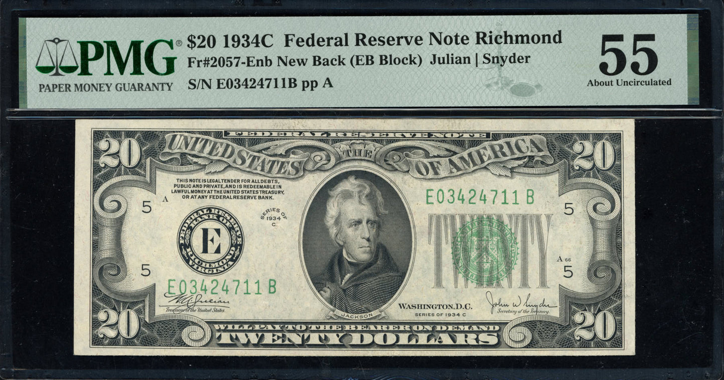 1934C $20 Federal Reserve Note "New Back Design" PMG About Unc. 55