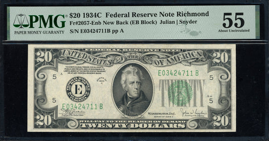 1934C $20 Federal Reserve Note "New Back Design" PMG About Unc. 55