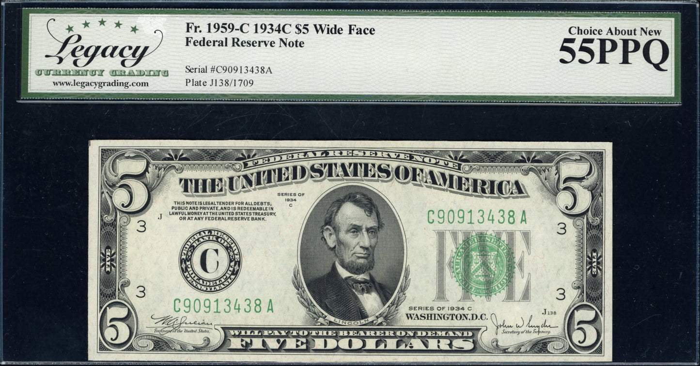 1934C $5 Federal Reserve Note "WIDE FACE" Legacy Choice About New 55 PPQ