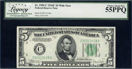 1934C $5 Federal Reserve Note "WIDE FACE" Legacy Choice About New 55 PPQ