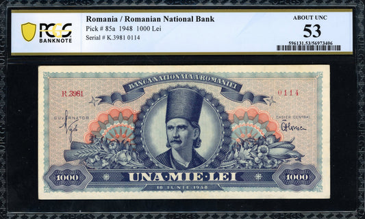 Romania 1948 1,000 Lei Romanian National Bank Note PCGS Banknote About Unc 53