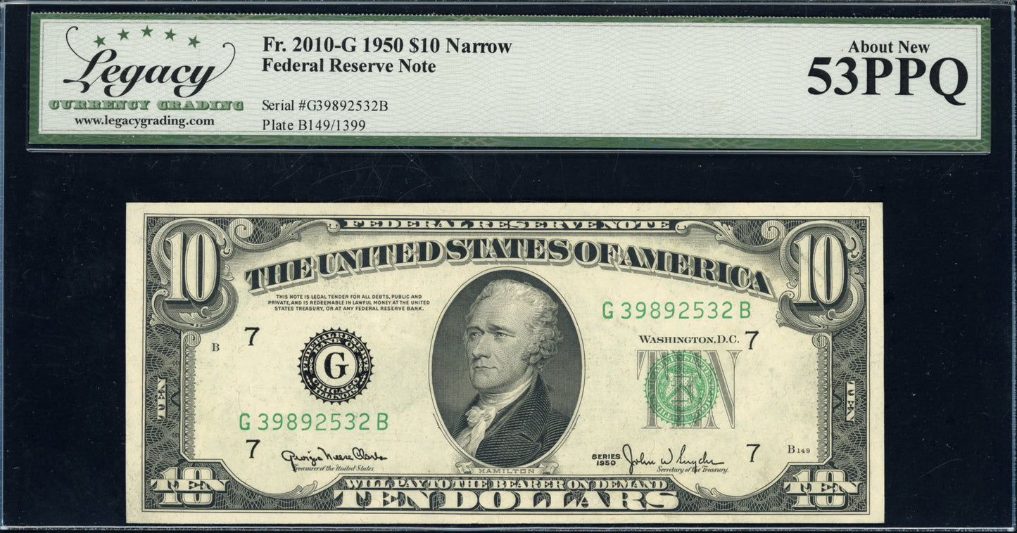 1950 $10 Federal Reserve "Narrow" Note Legacy About New 53 PPQ