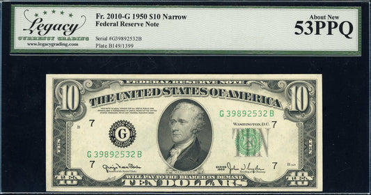 1950 $10 Federal Reserve "Narrow" Note Legacy About New 53 PPQ