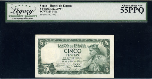 1954 5 Pesetas Banco de Espana Note Legacy Choice About New 55 PPQ