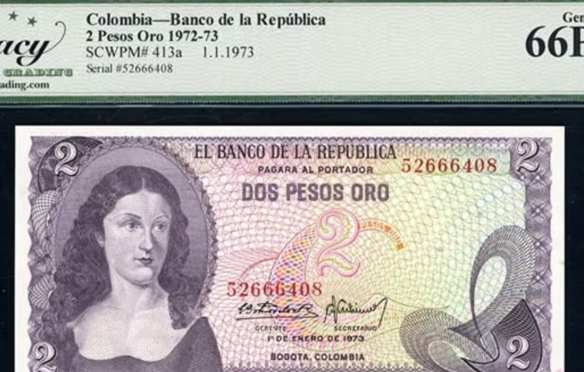1973 2 Pesos Oro Banco de la Republica Columbia Legacy Gem New 66 PPQ