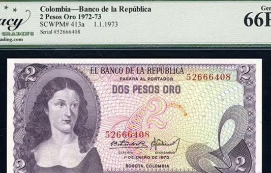 1973 2 Pesos Oro Banco de la Republica Columbia Legacy Gem New 66 PPQ