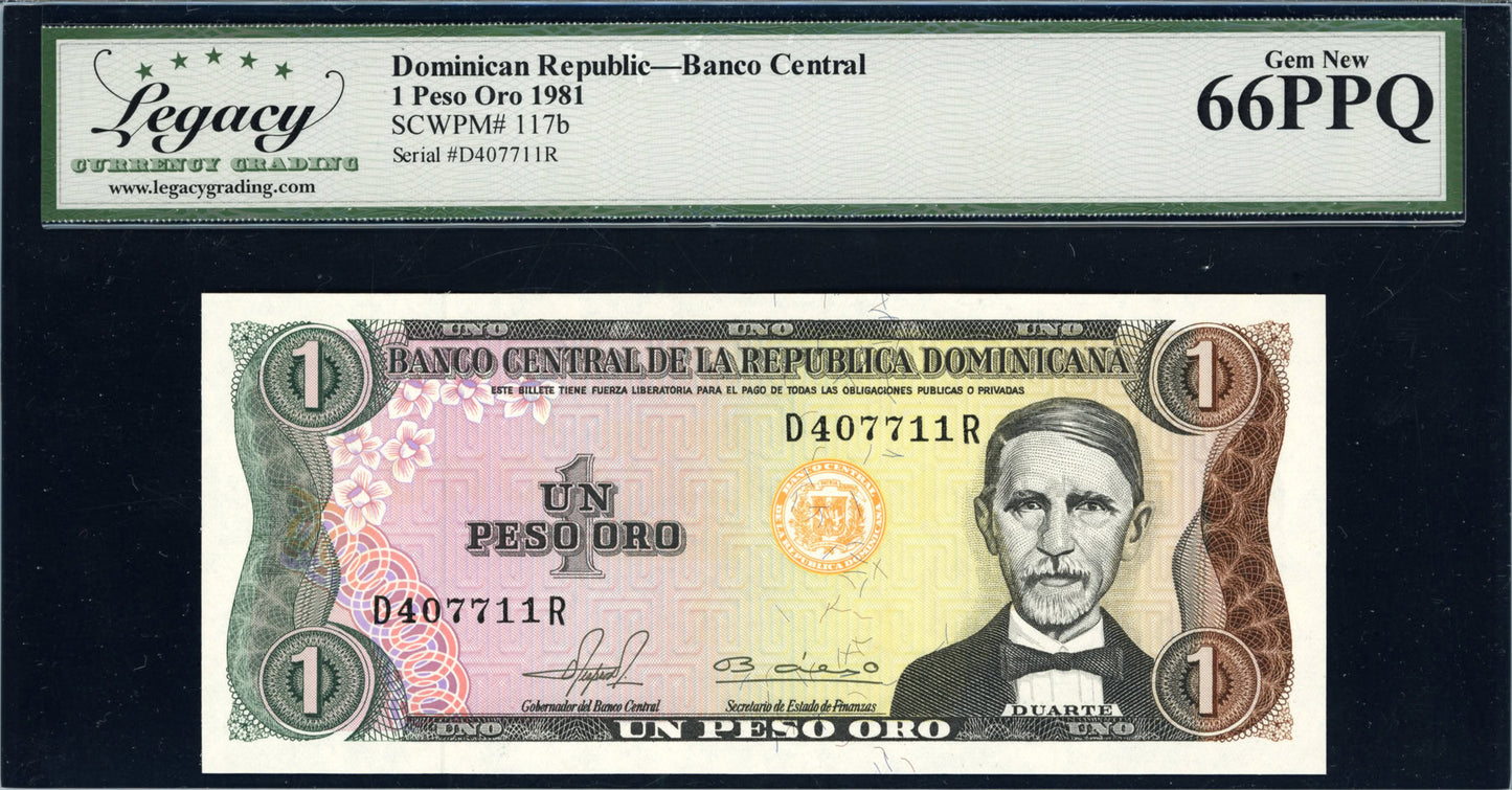 1981 - 1 Peso Oro Banco Central Note Dominican Republic Legacy Gem New 66 PPQ