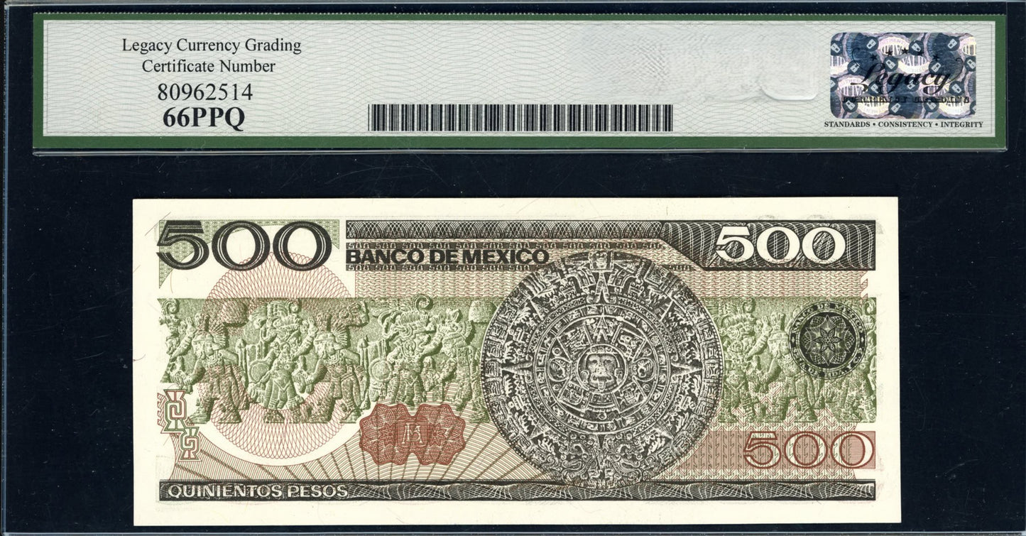 Mexico 1984 500 Pesos Banco de Mexico Note SCWPM-79b Legacy Gem New 66 PPQ