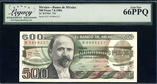 Mexico 1984 500 Pesos Banco de Mexico Note SCWPM-79b Legacy Gem New 66 PPQ