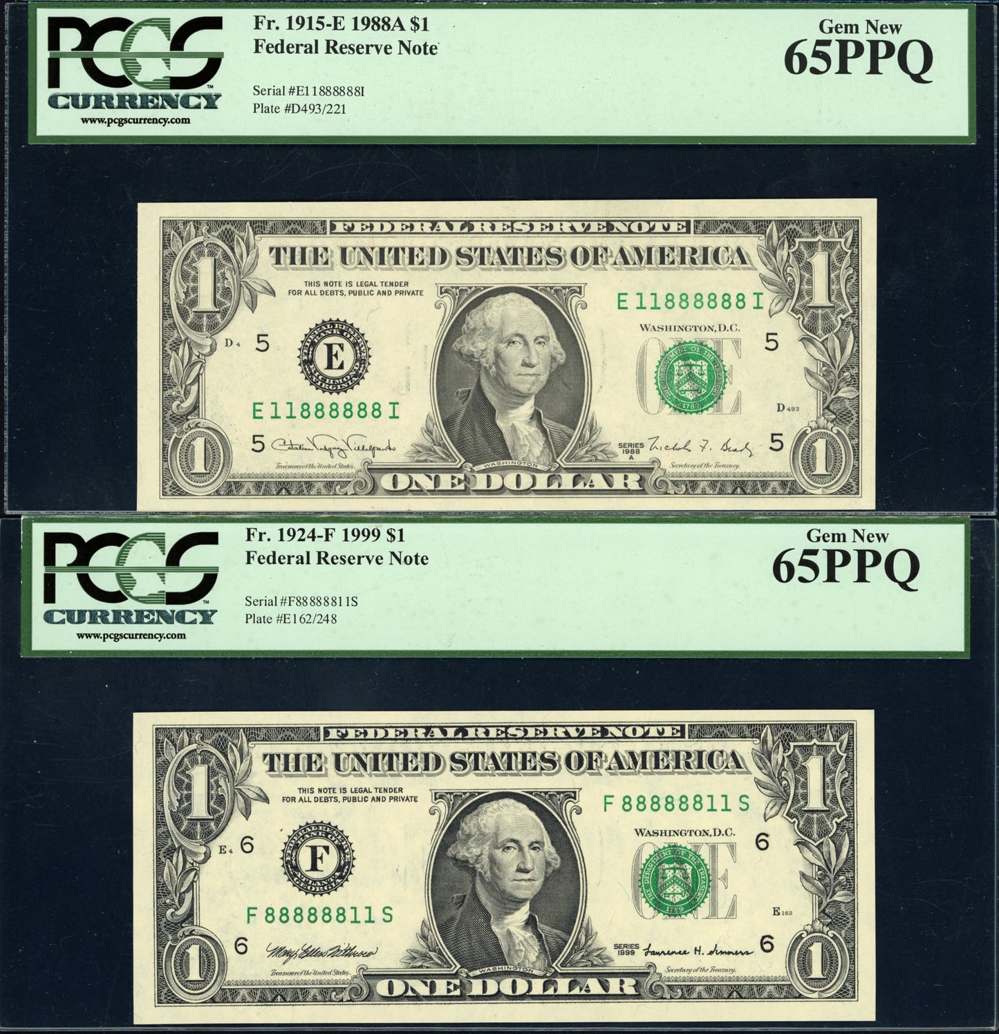 RARE 1988A & 1999 Fed. Res. Notes. Six of a Kind "Mirrored" Serial No Pair"