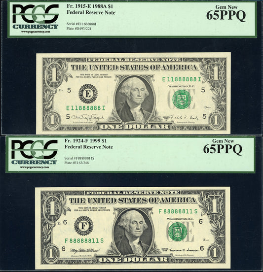 RARE 1988A & 1999 Fed. Res. Notes. Six of a Kind "Mirrored" Serial No Pair"