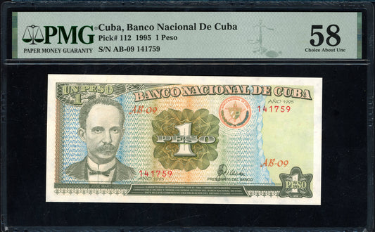 1995 One Peso Banco Nacional de Cuba PMG Choice AU 58