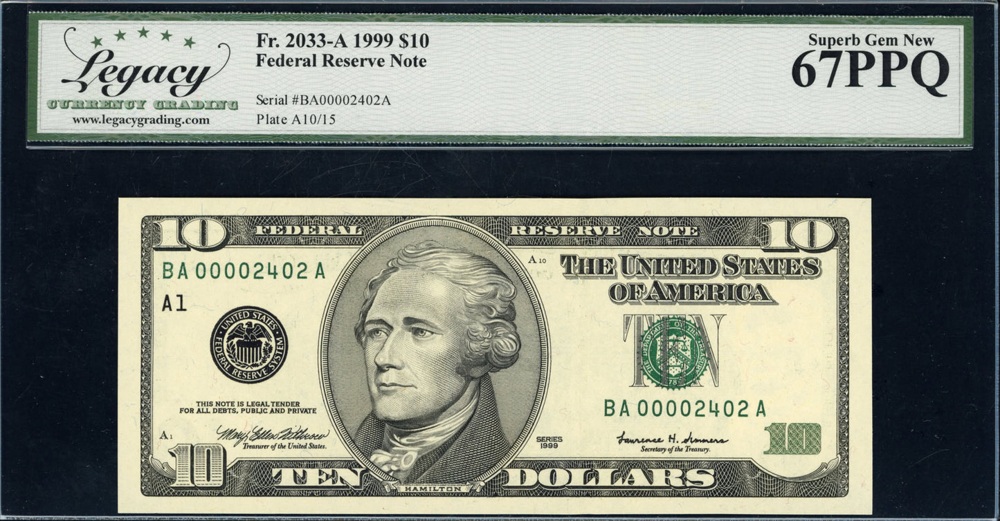 1999 $10 Federal Reserve Note *Low Serial Number* Legacy Superb Gem 67 PPQ