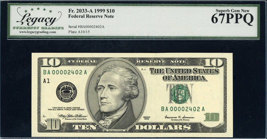 1999 $10 Federal Reserve Note *Low Serial Number* Legacy Superb Gem 67 PPQ