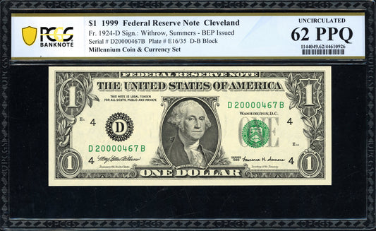 1999 $1 Fed Reserve Note From Millennium Coin & Currency Set PCGS Unc. 62 PPQ