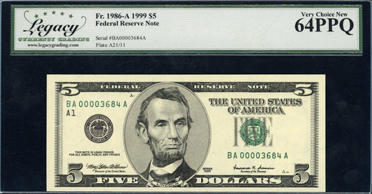 1999 $5 Federal Reserve Note "LOW SERIAL No. Legacy 64EPQ