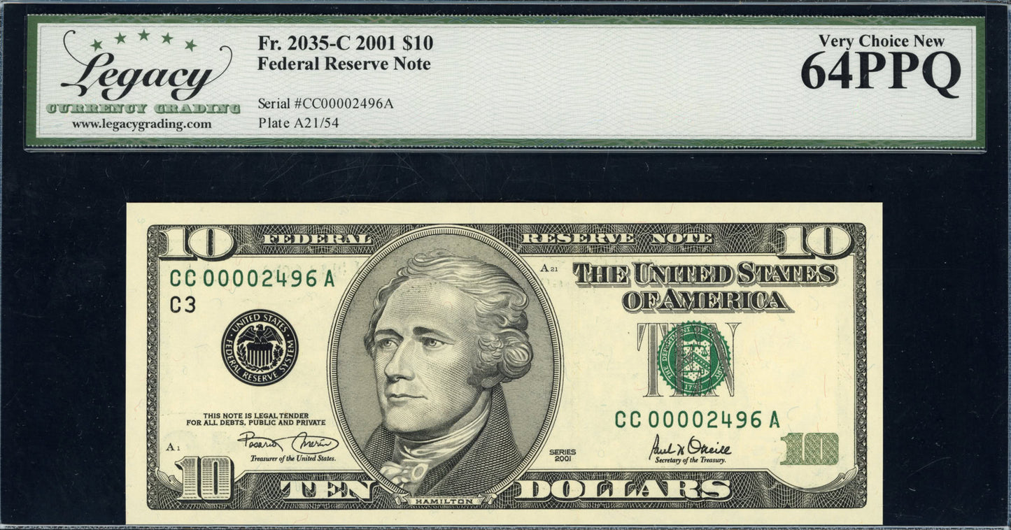 2001 $10 Federal Reserve Note *Low Serial Number* Legacy Very Choice New 64PPQ