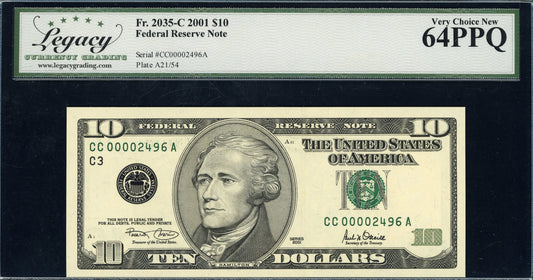 2001 $10 Federal Reserve Note *Low Serial Number* Legacy Very Choice New 64PPQ