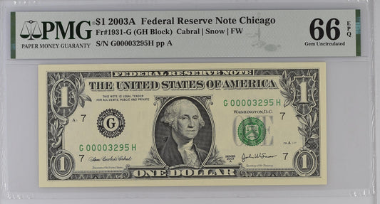 2003 Federal Reserve Note "LOW SERIAL NO". High Grade! PMG Superb Gem 67EPQ