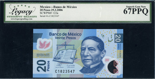 2006 20 Pesos Banco de Mexico Note BIG GRADE! Legacy Superb Gem New 67 PPQ