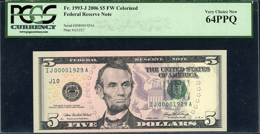 2006 $5 Fed. Reserve Note *Low Serial Number* / Early Birth Year! PCGS 64PPQ