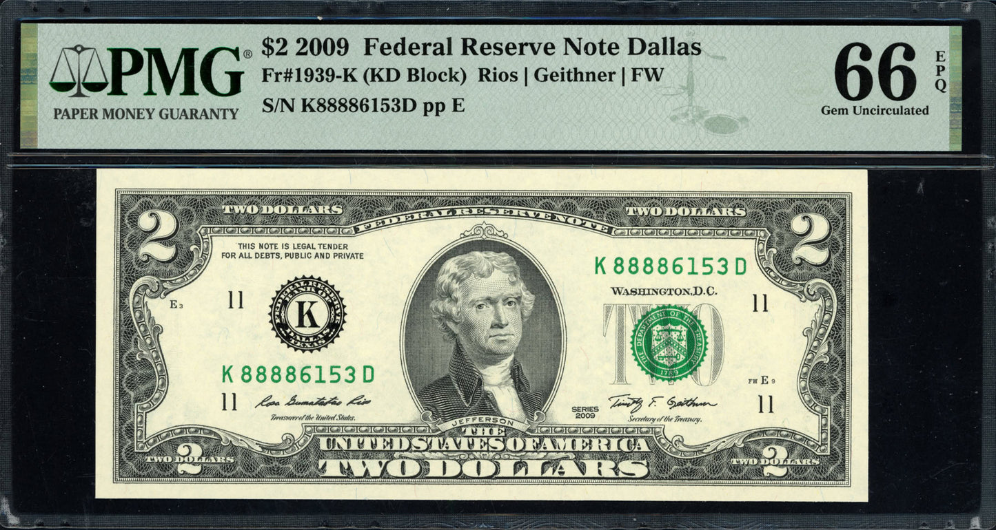 2009 $2 Federal Reserve Note "LUCKY EIGHTS" PMG Gem Uncirculated 66 EPQ