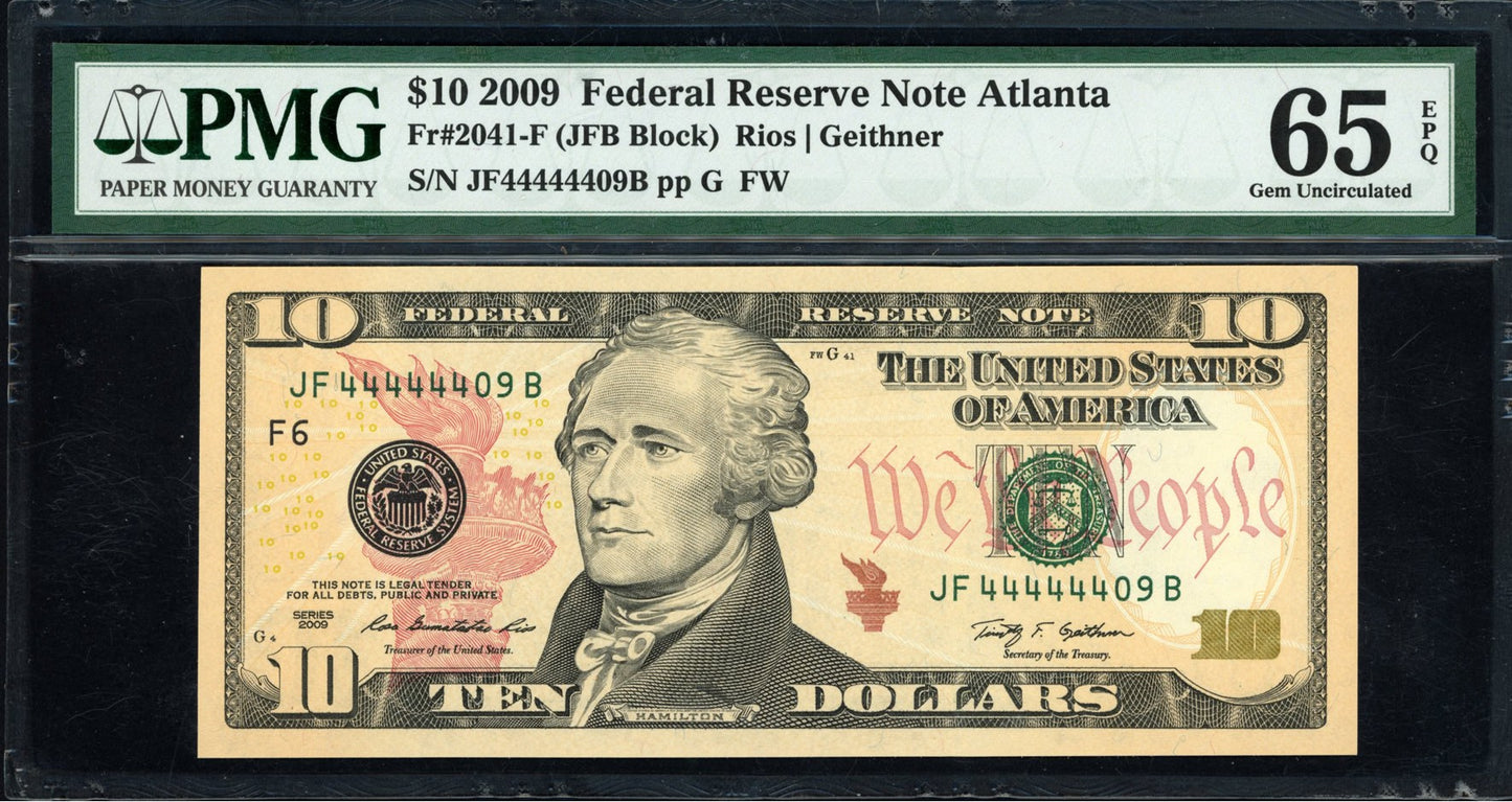 2009 $10 Federal Reserve Note *Six of a Kind Serial Number* PMG Gem Unc 65EPQ