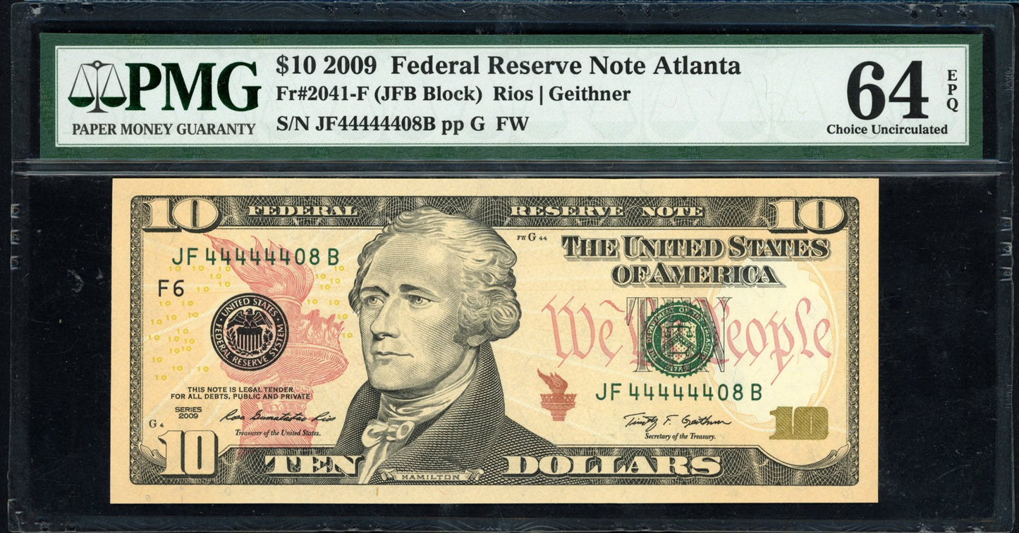 2009 $10 Federal Reserve Note *Six of a Kind Serial Number* PMG Gem Unc 65EPQ
