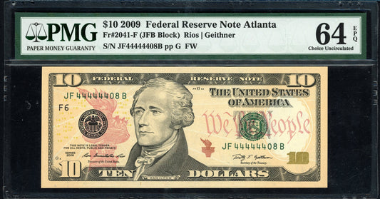 2009 $10 Federal Reserve Note *Six of a Kind Serial Number* PMG Gem Unc 65EPQ