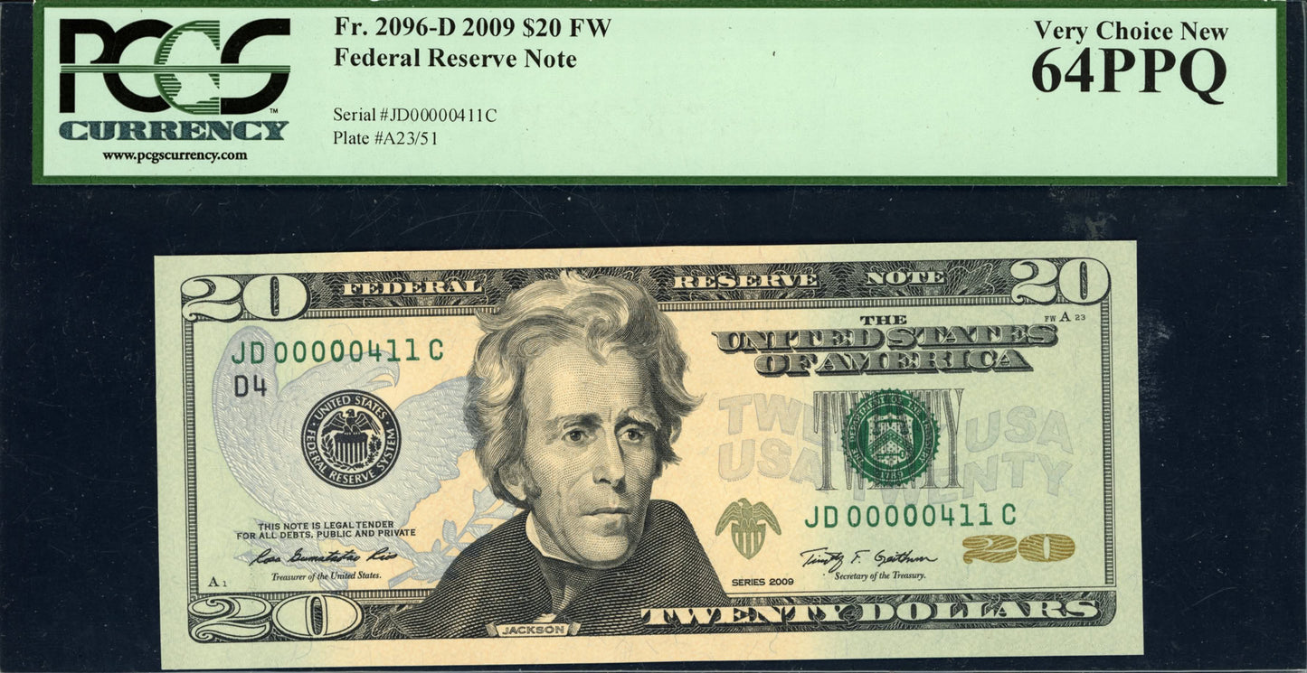 2009 $20 Federal Reserve Note "Very Low Serial # 411" PCGS Currency Very Choice New 64 PPQ