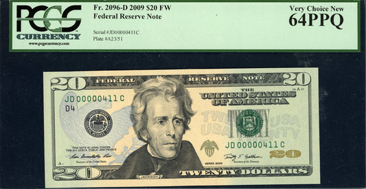2009 $20 Federal Reserve Note "Very Low Serial # 411" PCGS Currency Very Choice New 64 PPQ