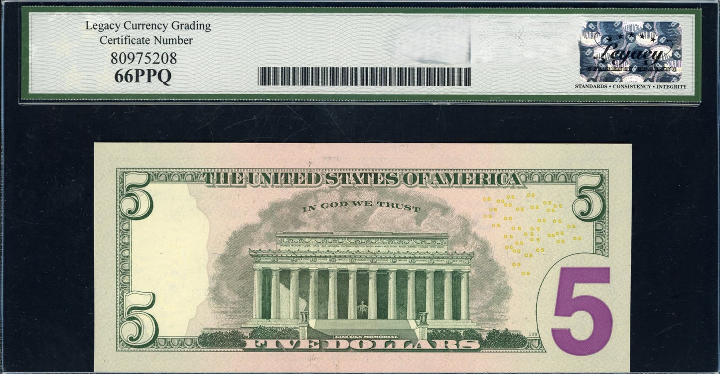 2013 $5 Atlanta Federal Reserve Note Legacy Gem New 66 PPQ