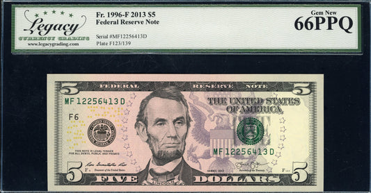2013 $5 Atlanta Federal Reserve Note Legacy Gem New 66 PPQ