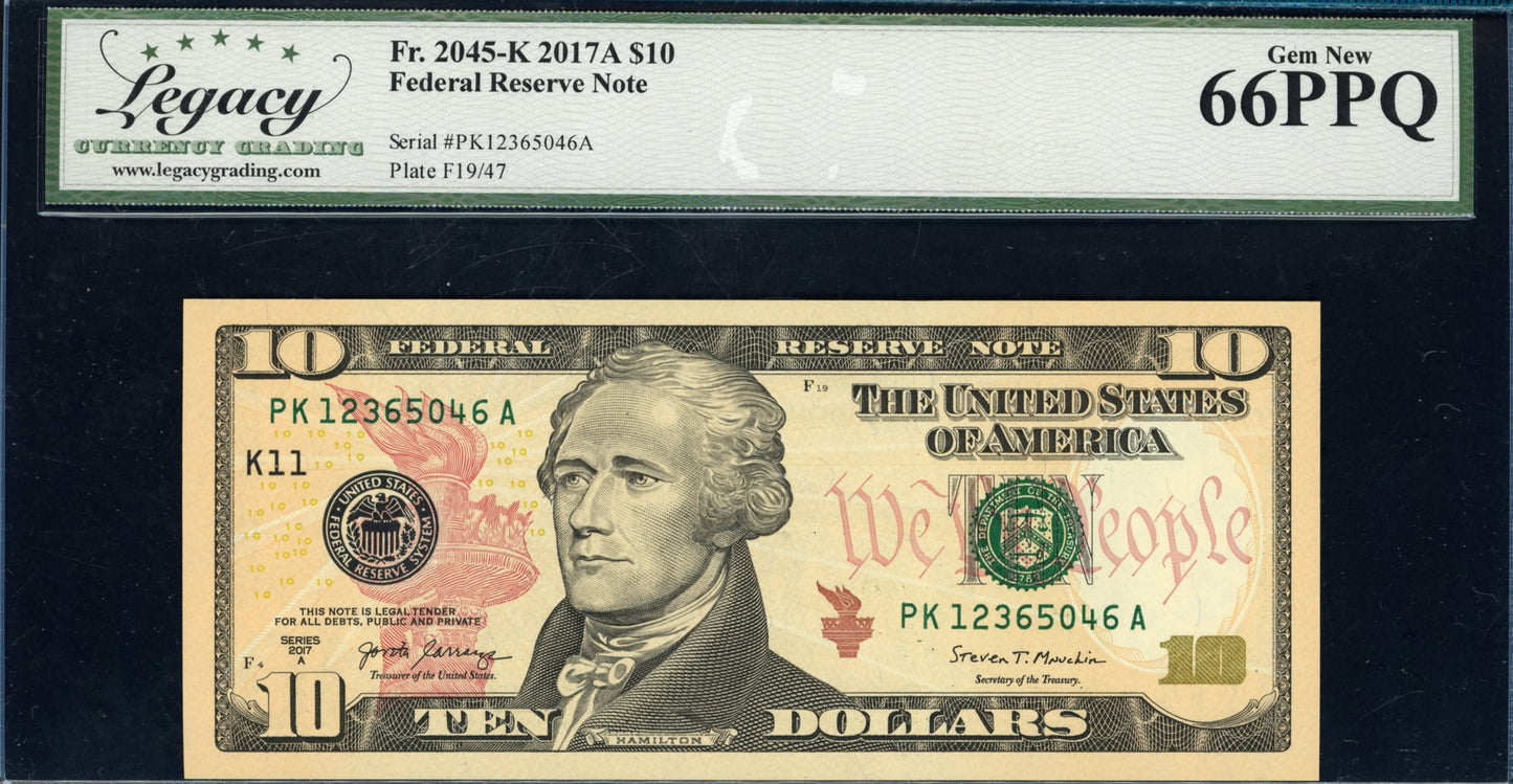 2017A $10 Federal Reserve Note Legacy Gem New 66 PPQ