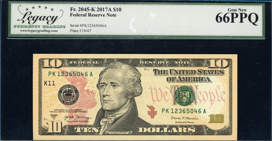 2017A $10 Federal Reserve Note Legacy Gem New 66 PPQ