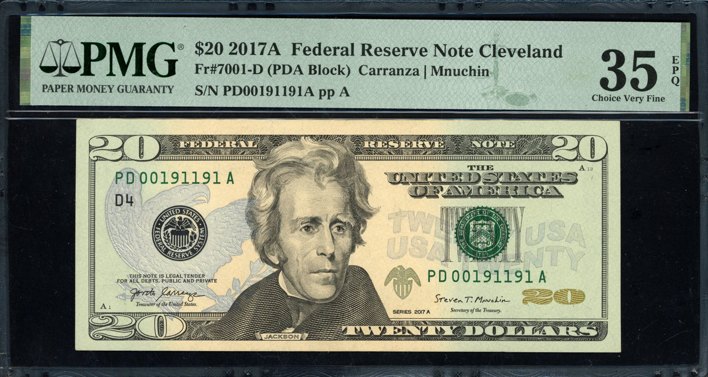 2017A $20 Federal Reserve *Repeater Serial No.* PMG Choice Very Fine 35 EPQ