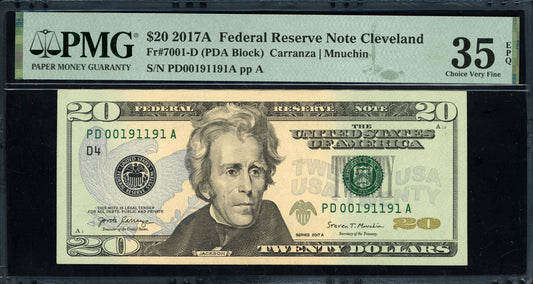 2017A $20 Federal Reserve *Repeater Serial No.* PMG Choice Very Fine 35 EPQ