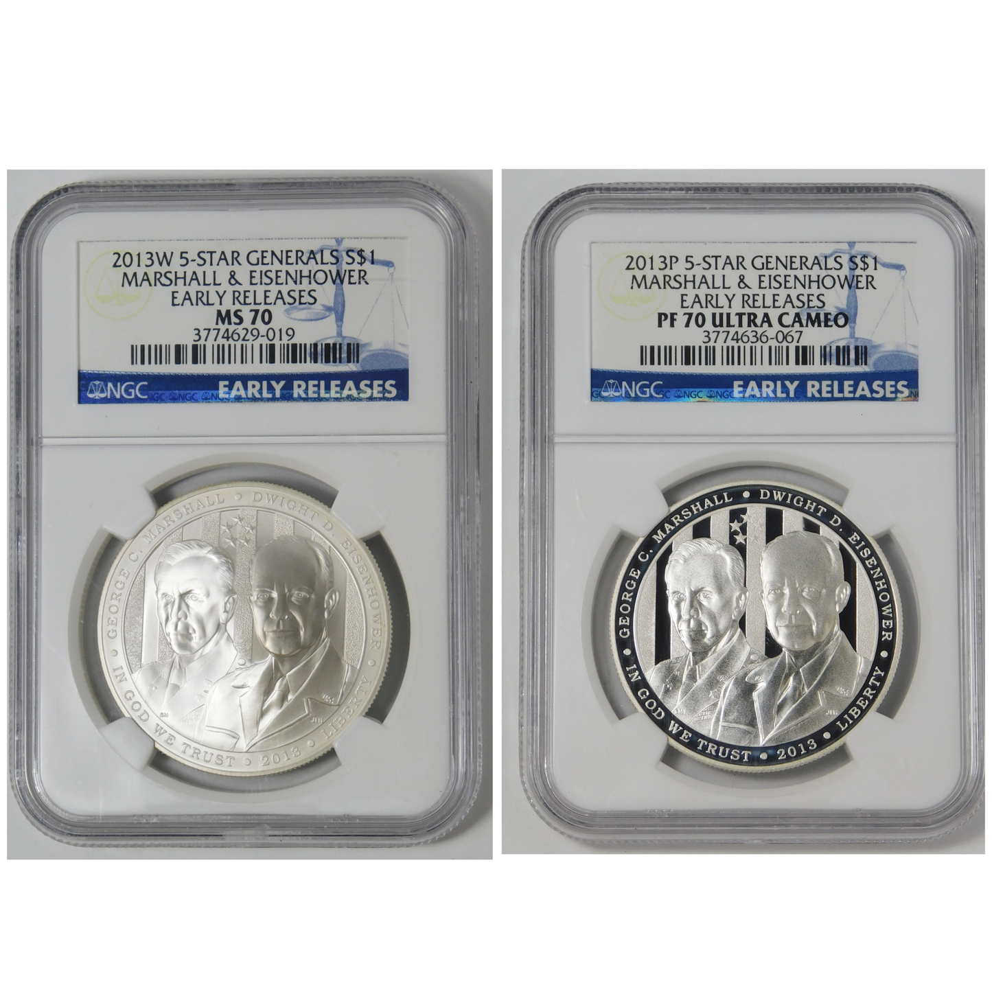 2 COIN SET - 2013 P&W Commemorative 5 Star Generals Silver Dollars NGC PF70 UC & MS70